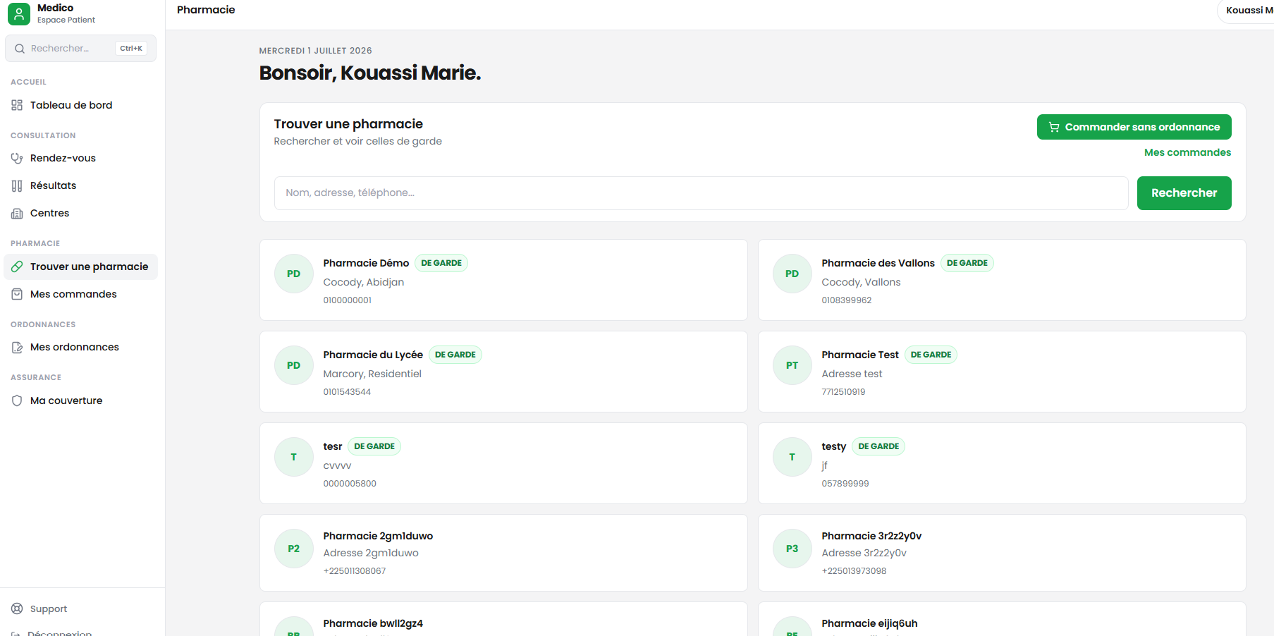 Medico — trouver une pharmacie et commander