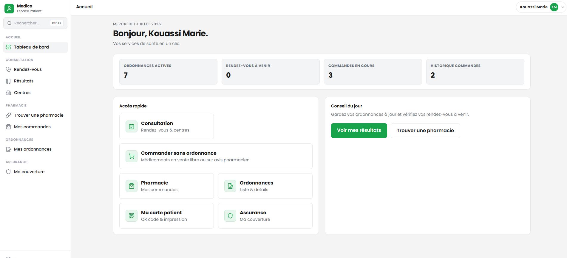 Medico — tableau de bord patient et rappels